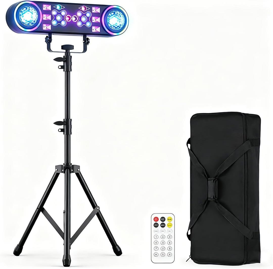 80W Dj Lights with Stand,7 in 1 Party Light Dj Disco Lights Sound Activated DMX Wireless Control with Rotating Ball,Strobe,UV,Colorful Effect for Stage KTV Band Wedding with Carry Bag (Black, 1)