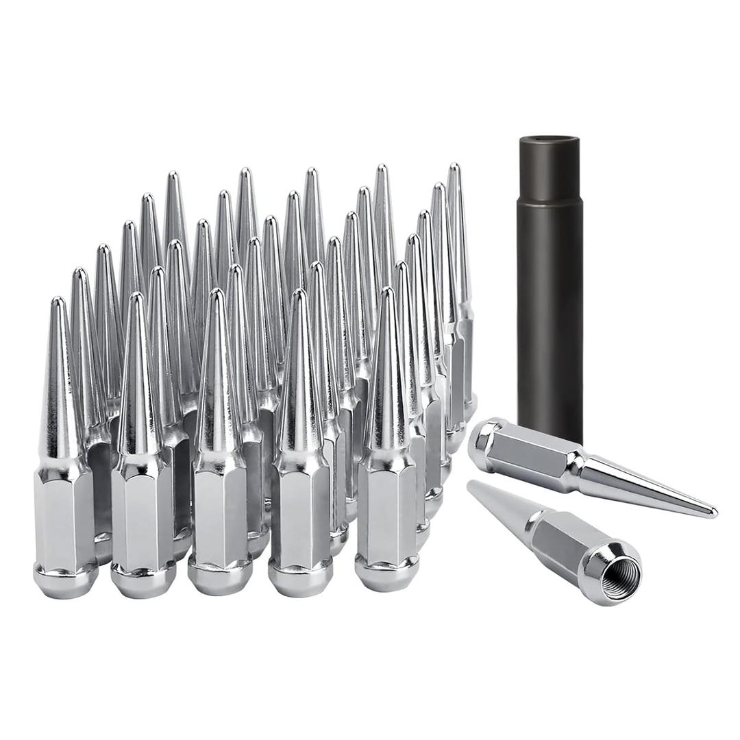 DYNOFIT 9/16-18 Wheel Spike Lug Nuts, 32x Chrome 9/16 inchx18 Lug Nut with 1 Socket Key, DYNOFIT 4.4'' Tall Closed End Lug Nuts for 1994-2011 Dodge Ram 1500 2500 3500/1988-1998 F250 F350 (Silver)