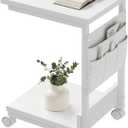 Side Table,C Table with 2-Tier Storage Shelf, End Table with a Storage Bag, Sofa Table with Wheels for Living Room, Bedroom, Office, Bathroom, White