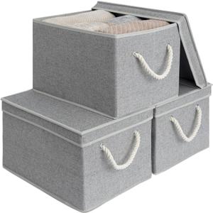 StorageWorks Storage Bins with Lids, Decorative Storage Boxes with Soft Rope Handles, Foldable Stackable Storage Baskets for Closet, Shelves, 3-Pack, Gray, Jumbo