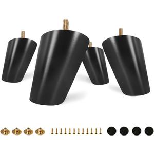 FoDau770 Black Rubber Wood Furniture Legs 3 Inches, Slant Tapered Wood Feet Mid Century Sofa Legs Set of 4, 5/16" UNC Furniture Feet Replacement Parts for Cabinet Couch Dresser Chair Ottoman Table