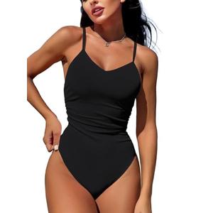 swimall Women's One Piece Swimsuit Tummy Control Cutout Bathing Suit High Waist Ruched Retro Swimwear with O-Ring - Black - Large