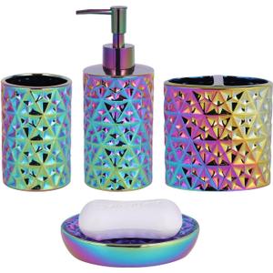 Colorful Bathroom Accessories Set 4 Pcs, Lotion Soap Dispenser, Soap Dish, Toothbrush Holder, Tumbler, Countertop Vanity Organizer for Bathroom Accessory Set