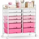 Rolling Storage Cart with 12 Drawers, Wooden Tabletop Utility Cart for Craft Storage, Art Supply Storage & Home Office Organization, Teacher Cart with Wheels for Classroom Organization, School (Pink)