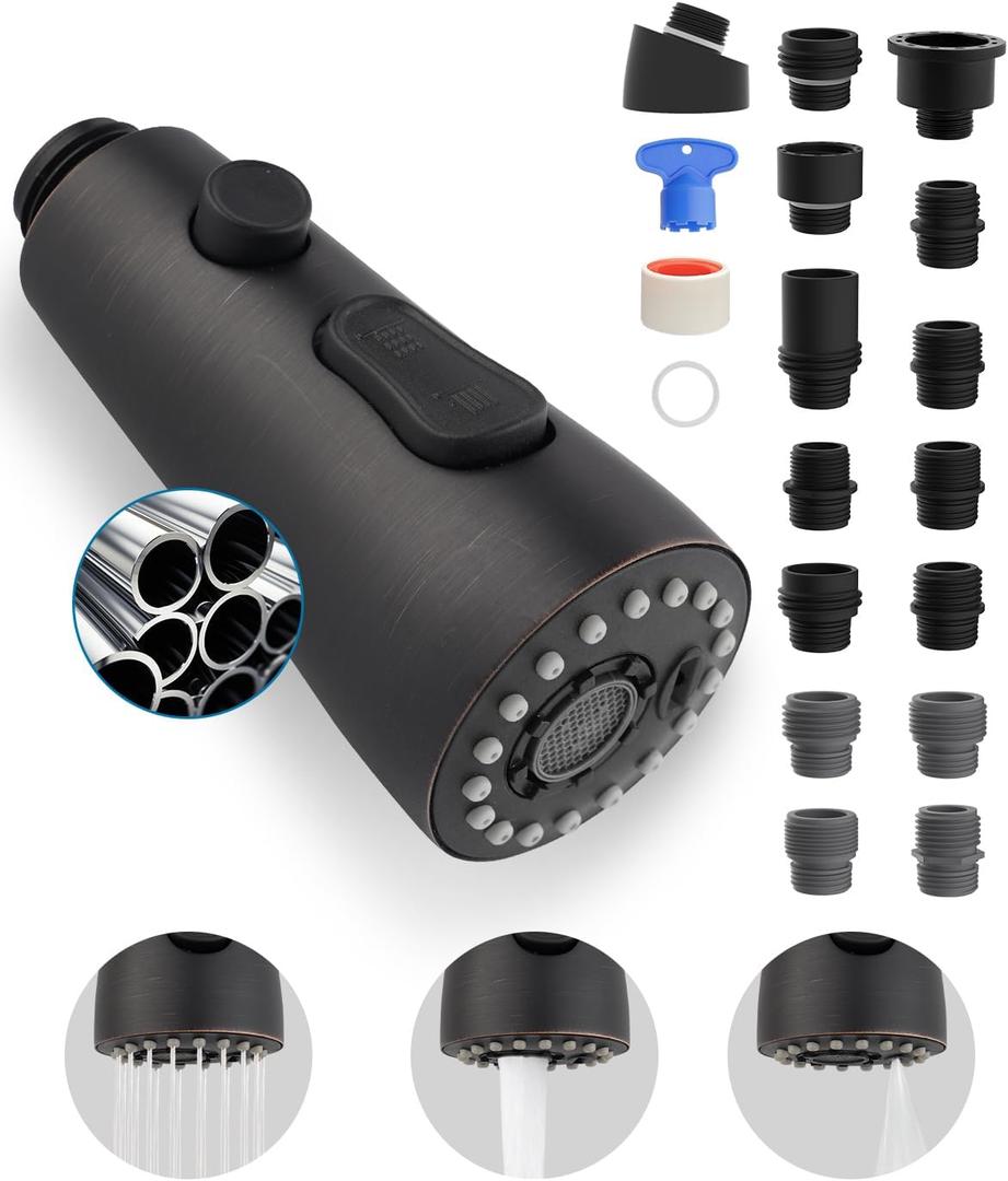 Hygie Rinse Stainless Faucet Head Replacement Pull Down Kitchen Faucet Head with 15 Adapters, 3 Water Modes Kitchen Sink Faucet Sprayer Head, Oil-Rubbed Finish