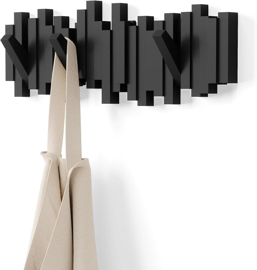  Umbra Sticks Wall-Mounted Coat Rack Rail Hook with 5 Retractable Pegs – Modern, Space-Saving Storage Organizer, Black