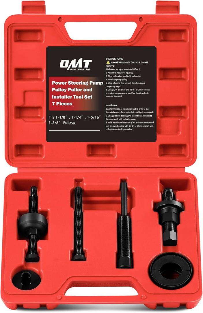 Orion Motor Tech Power Steering Pump Pulley Puller Installer Tool Set, Pump Pulley Remover Installer Tools Compatible with Ford, GM, and Chrysler (Red)
