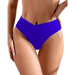 AFOLIRY Women's V Cross High Waist High Cut Brazilian Cheeky Thong Bikini Swimsuit Bottoms Blue, Size: XL
