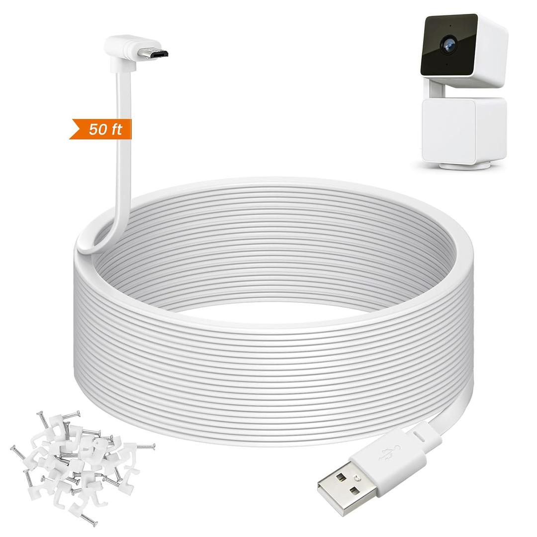 weishan 50ft Power Extension Cable Compatible with Wyze Cam Pan v3 Security Camera - 15m Long Flat USB to Micro USB L-Shaped 90 Degree Charging Cord, White