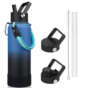 BJPKPK Insulated Water Bottle with Straw Lid, 40oz Large Thermal Flasks with 3 Lids, Paracord Handle & Non-slip Boot, BPA Free Leak Proof Stainless Steel Metal Water Bottles, Tumblers, Cups,Blue Black