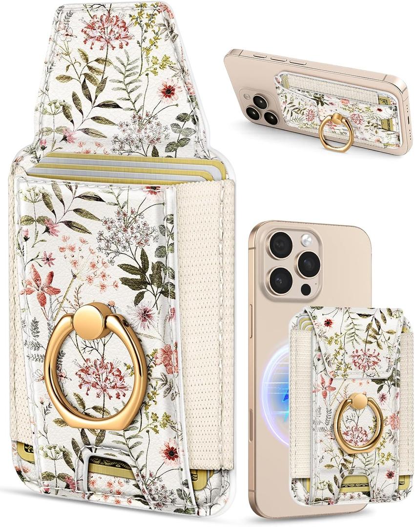Shorogyt Compatible with Magsafe Wallet with Grip Magnetic Card Holder - Cute Phone Wallets with Ring Stand for iPhone 17/16/15/14/13/12 Series for Women Girls Flowers Design, Fit 7 Cards