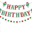 TeePolly Red and Green Glitter Grinches Christmas Happy Birthday Banner for Christmas Birthday Party Decorations