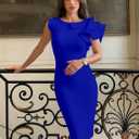 VASAUGE Women's Elegant Formal Bodycon Ruffle Sleeveless Midi Cocktail Party Dress (Blue, L)