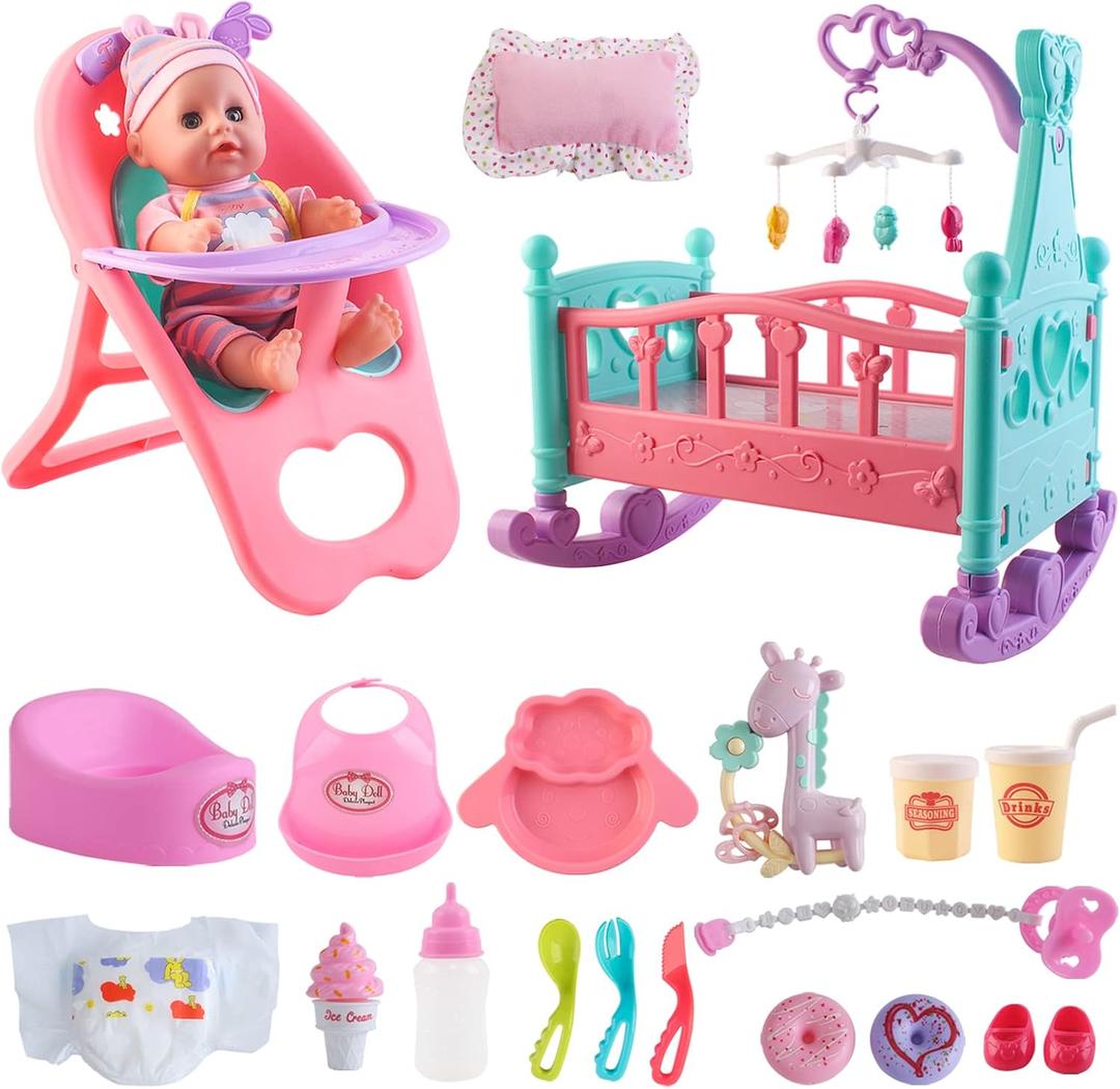 deAO 12 Baby Doll Play Set with Crib, Mobile, High Chair Feeding Accessories, Interactive Dolls for Girls Kids Pretend Play Baby Dolls 21 PCS