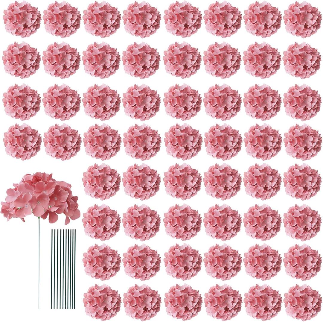 AVIVIHO 65pcs Fake Flowers Dusty Rose Hydrangea Artificial Flowers Bulk (Not Squished, No Steaming Need) Silk Flowers with Stems for Wedding Decor,Home,Baby Shower,Table Centerpieces Decoration (Medium)