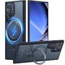 TORRAS Magnetic Ostand Ring Case Fit for Samsung Galaxy S24 Ultra Case [Compatible with MagSafe&Wireless Charging][Military Grade Drop Tested] Translucent Hard Back Soft Edge, Black