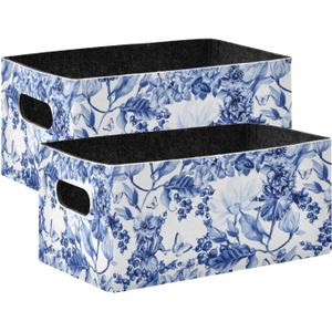 Closet Storage Bins, 2 Pcs Felt Open Home Containers Organizer with Handles, Collapsible Shelf Basket for Home Office, Craft Room, Classroom Fabric Basket Storage - Blue and White