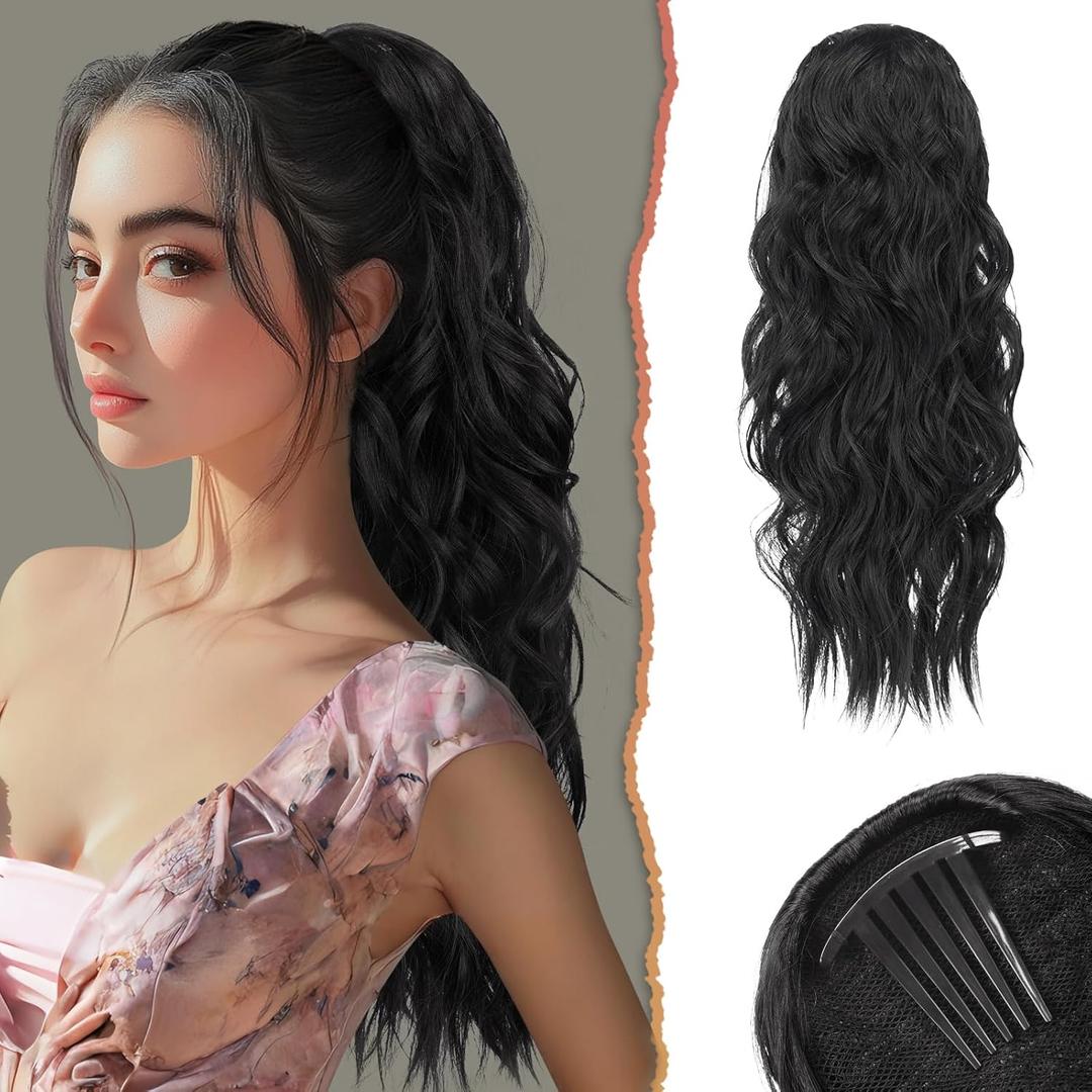 SOFEIYAN Drawstring Ponytail Extension 24 Inch Wavy Curly Clip on Hairpiece Comb Clip in Ponytail Extensions Layered Fluffy Thick Pony Tails Hair Extension Synthetic Hairpieces for Women-Natural Black