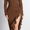 Floerns Women's Long Sleeve Bodycon Dress Asymmetrical Ruffle Hem Ruched Party Midi Dresses, XXS