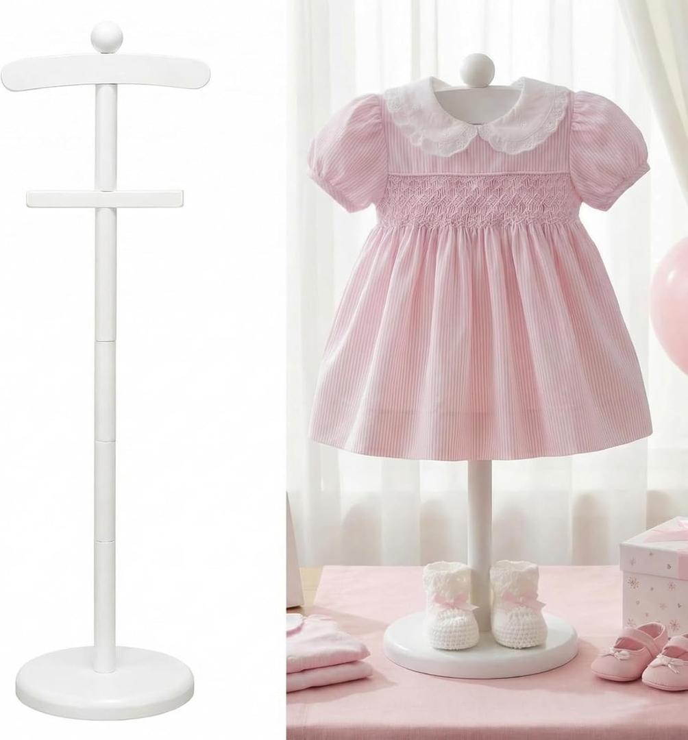 Bucherry 1 Pack Baby Clothes Display Stand Wooden Baby Shower Centerpiece Adjustable Height Circle Shaped Dress Hanger Doll Dress Outfit Stand Rack Hand Assembled Hangers Display Set (White Color)