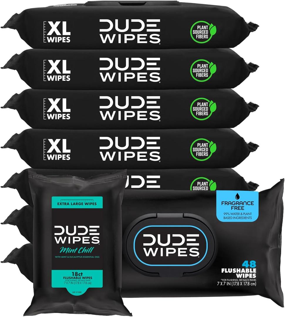 DUDE Wipes - Flushable Wipes - 8-Pack, 384 Count - Unscented + Mint Chill Travel Pack 1-Pack, 18-Count - Extra-Large - Vitamin-E & Aloe - Septic and Sewer Safe DUDE Wipes - Flushable Wipes - 8-Pack, 384 Count - Unscented + Mint Chill Travel Pack 1-Pack, 18-Count - Extra-Large - Vitamin-E & Aloe - Septic and Sewer Safe