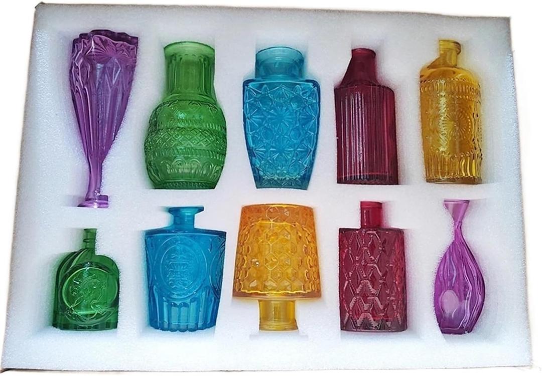 10pcs Small Vase Colored Bud Mini Decoration Set Vintage Glass Bottle for Wedding Family Table Aromatherapy Wedding Centerpieces for Tables