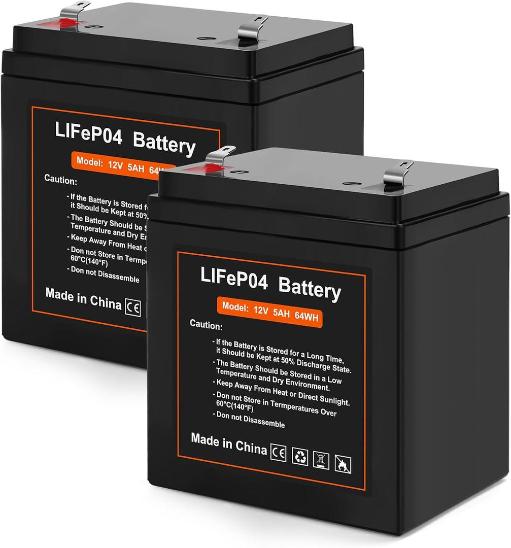 12V 5Ah LiFePO4 Rechargeable Backup Battery with BMS, 2000+ Cycles Garage Door Opener Replacement Battery for Chamberlain 41A6357-1/Liftmaster 485lm 8500w,2 Pack