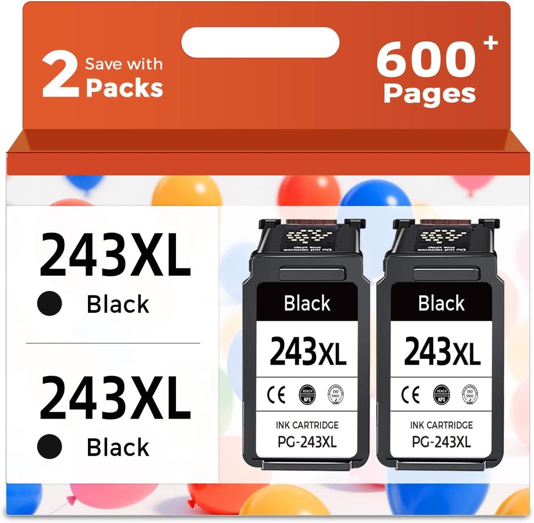 243XL Black Ink Cartridge Compatible for Canon 243 PG-243 XL PG243 245 245xl PG245 BK Work for MX490 MX492 MG2522 MG2922 TR4520 TR4522 TS3322 TS3122 TS202 Printer (Black, 2-Pack)
