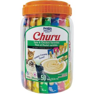 INABA Churu Cat Treats, Grain-Free, Lickable, Squeezable Creamy Pure Cat Treat/Topper with Vitamin E & Taurine, 0.5 Ounces Each Tube, 50 Tubes, Tuna & Chicken Variety (EXP 11/26/25)