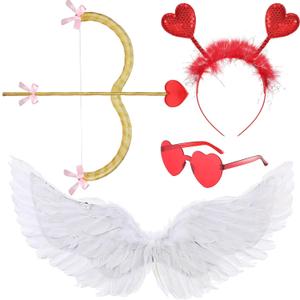 Coume Valentine Cupid Costume Accessories Set for Women Kid Angel Outfits Bow Arrow Heart Headwear Sunglasses Feather Wings(S,White,Gold)