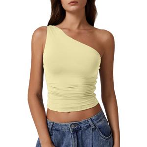 QINSEN Women's One Shoulder Tank Tops Double Lined Sleeveless Slim Fit Cropped Tee Shirt Y2k Tops (Light Yellow)