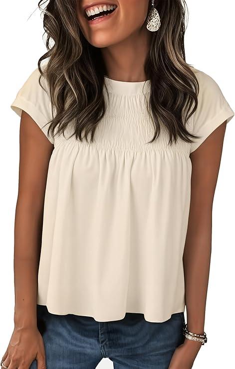 Women's Cotton Smocked Short Sleeve Crop Blouse – Casual Crew Neck Baby Doll Top, Lightweight Loose Fit Summer Shirt (US, Alpha, Small, Regular, Regular, Khaki)