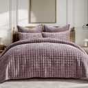 RECYCO Luxury Velvet Quilt Set King Size Bedding Sets, Ultra Soft Velvet Comforter Set, Lightweight Grid Box Stitch Oversized Bedspread Coverlet for All Season, with 2 Shams, Purple