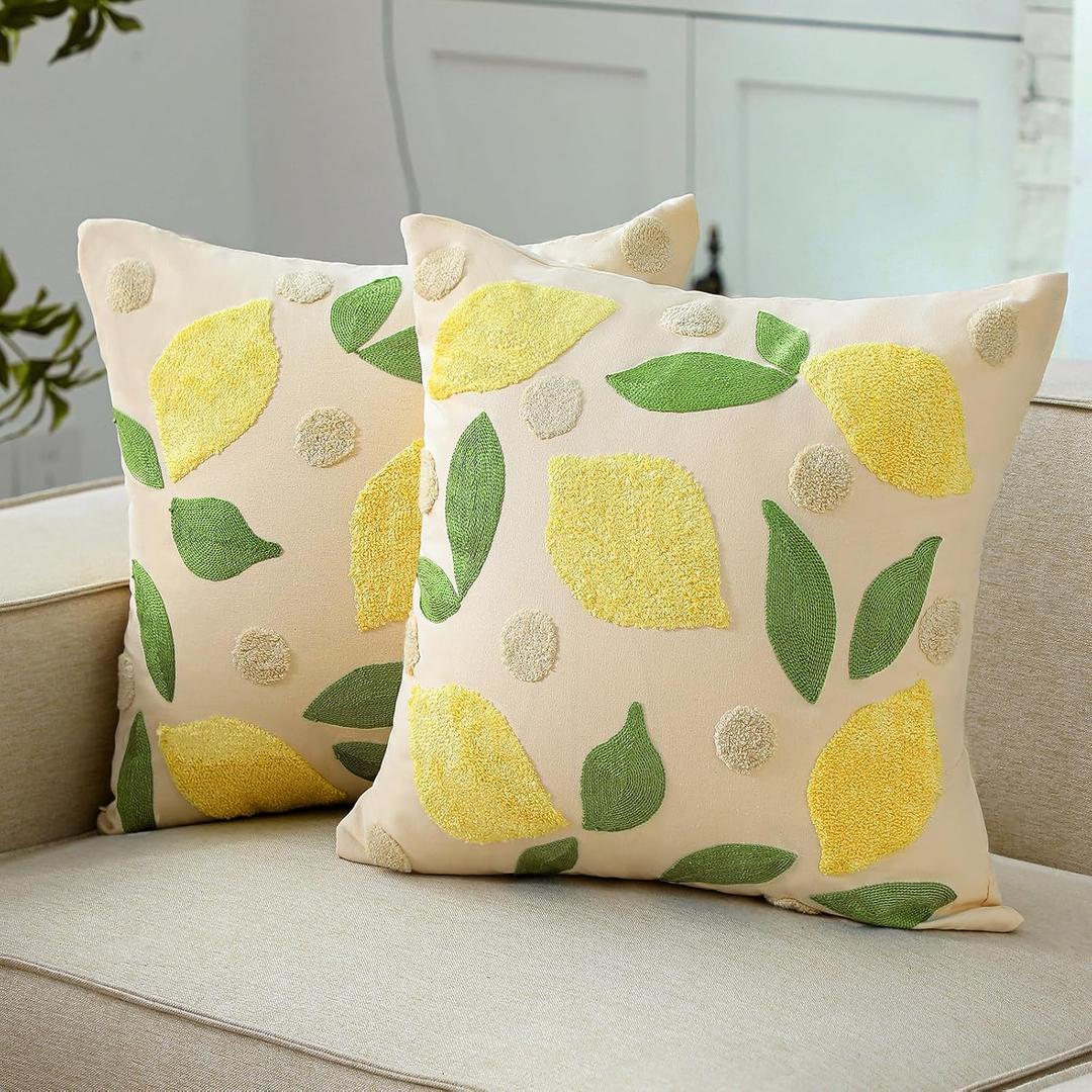 HunnmingRe 2 Pcs Lemon Embroidered Pillow Covers 18 x 18 Inch Summer Fruit Jacquard Decorative Pillow Covers, Leaf and Lemon Farmhouse Soft Plush Pillowcase for Sofa Bed