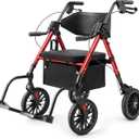 2 in 1 Rollator Walker for Seniors with Seat, Walker Wheelchair Combo, Transport-Wheelchair-Lightweight-Foldable with Adjustable Seat and Handle, 300 Lb. Weight Capacity, Red