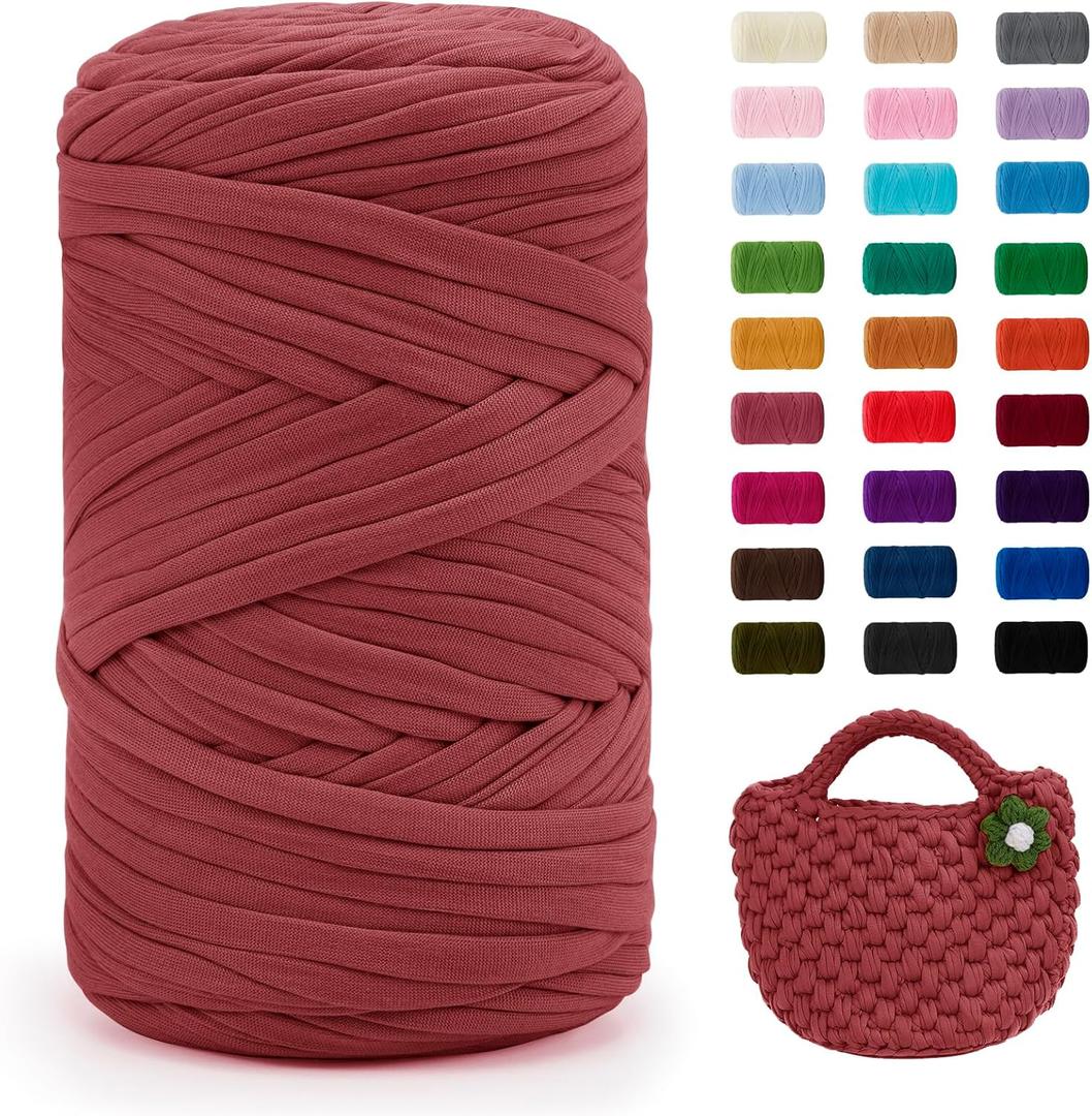 JeogYong T-Shirt Yarn, 400g/131 Yards Elastic Fabric Crochet Cloth T Shirt Yarn, Thick Hand Knitting Polyester Fabric Ribbon for Crocheting Bags/Baskets/Rugs, Home Decor, DIY Crafts (Leather Pink)