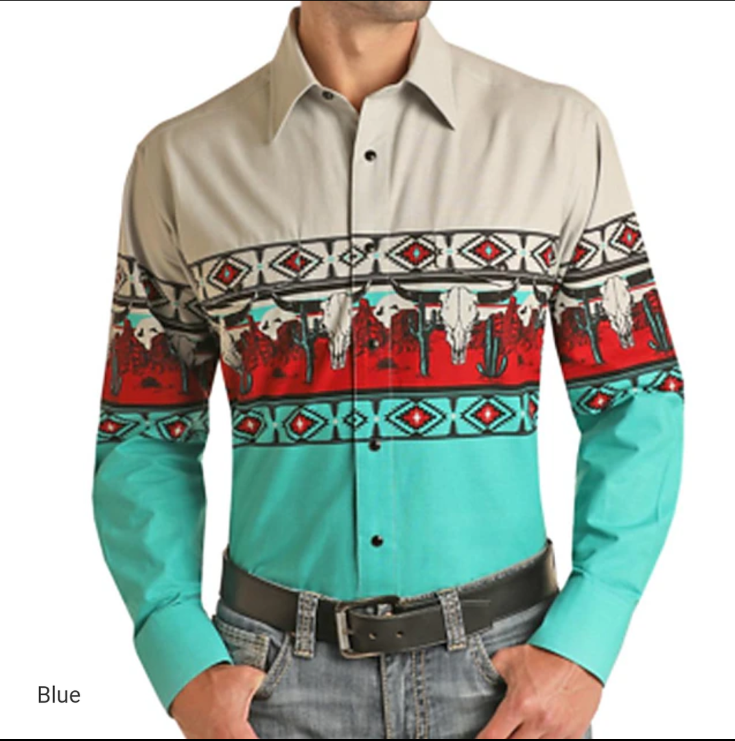 Men's Tribal Graphic Prints Vintage Shirt Western Shirt Cowboy Shirt Long Sleeve Fashion Streetwear Designer Outdoor Daily Fall & Winter Turndown Print Button-Down Blue Size 2XL