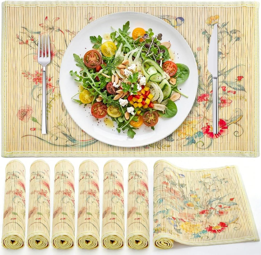 8 Pieces Bamboo Placemats, Woven Heat Resistant Rectangular Dining Table Mats, Non-Slip Washable Floral Print Table Placemat for Dining Room, Kitchen, Restaurant