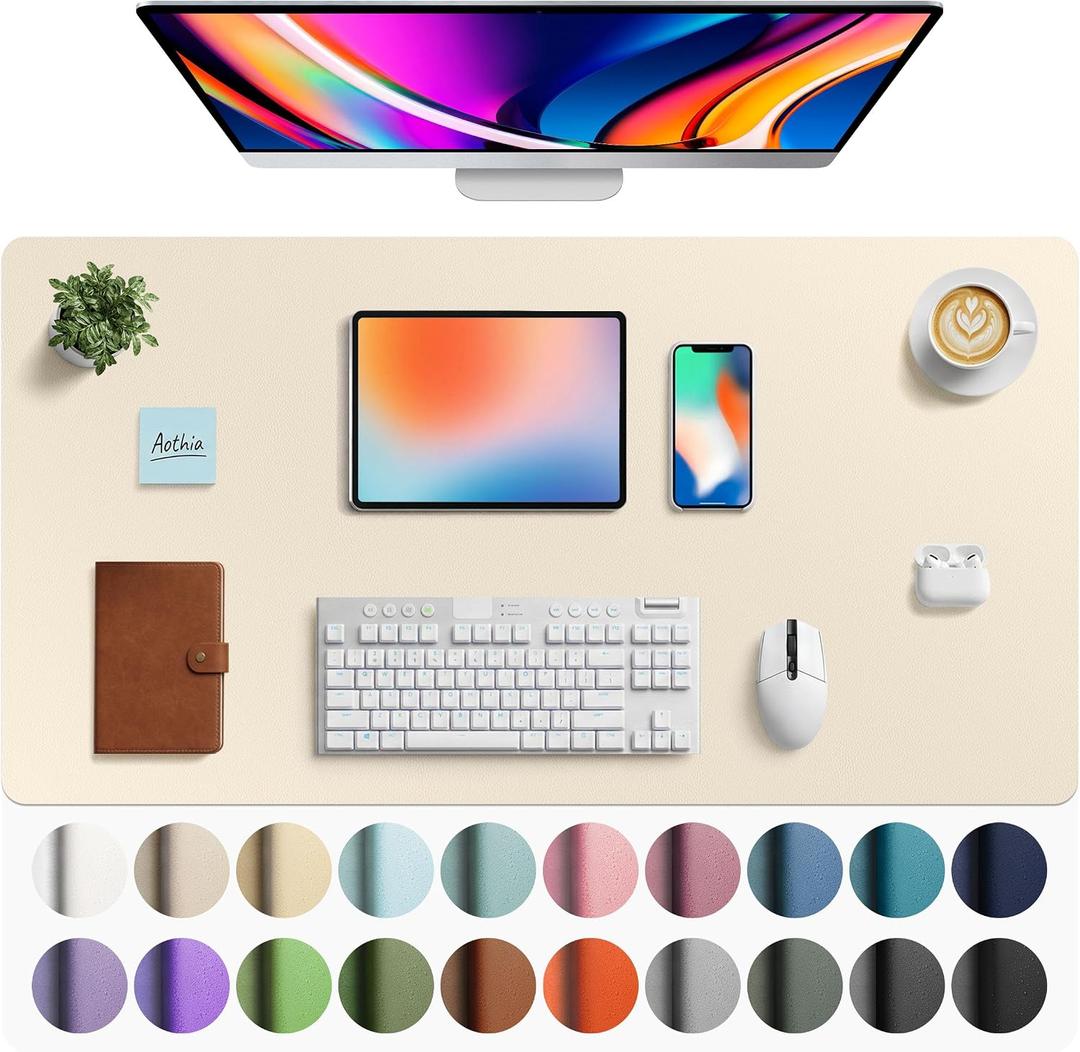 Aothia Faux Leather Desk Mat - Large Mouse Pad, Non-Slip PU Leather Blotter, Waterproof Writing Surface for Office and Home (Beige, 40" x 24")