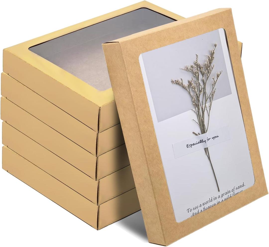 60 Pcs Greeting Card Storage Box, Kraft Paper Box with PVC Transparent Window Greeting Card Holder Bulk for A7 Paper Photo Frame Card Envelope Biscuit, 5.39 x 7.36 x 1 Inches, Rectangle