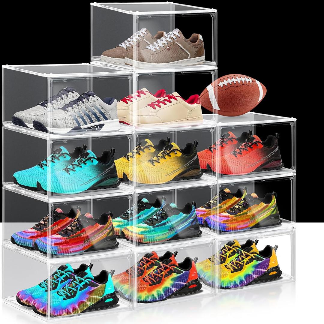 12 Pack Plastic Shoe Storage Boxes Fit US Size 13, Clear Stackable Shoe Display Case with Acrylic Magnetic Side Door, Shoe Containers for Sneaker Storage, Hats, Figure, Collectible