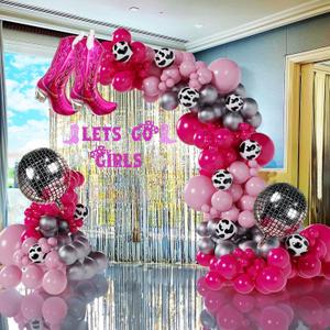 Cowgirl Balloons Arch Garland Kit For Last Rodeo Bachelorette Sash Supply Birthday Party Decorations,Hot Pink Rose Red Silver Cow Print Cowgirl Boot Disco Ball Balloon,LetS Go Girl Banner Backdrop