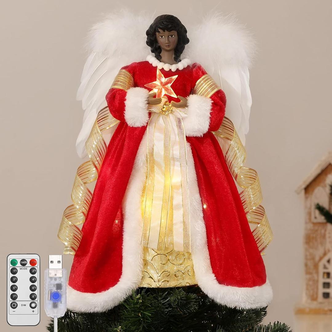 Lewondr Black Angel Christmas Tree Topper, 12" African American Lighted Angel Tree Topper with 8 Modes, 6H Timer Black Angel Treetop Figurine Wings, Remote & USB Powered Xmas Tree Decor for Home, Red