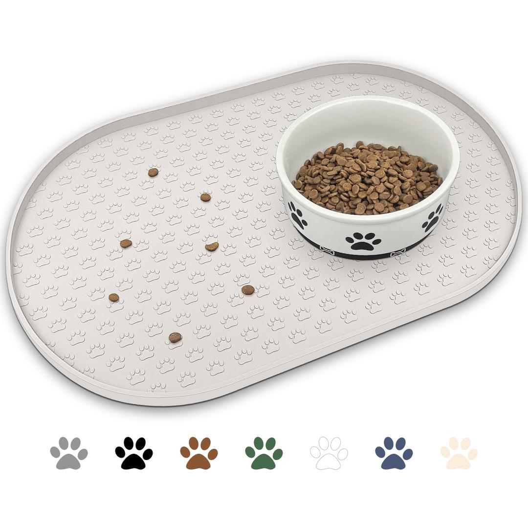 KPWACD Dog Food Mat Anti-Slip Bowl Mats for Food and Water, High-Lips Waterproof Pet Placemat Prevent Messy Spills to Floor, Silicone Puppy Feeding Trays for Large Medium Small Dogs Cats, Many Paw - 18"x12", Cream