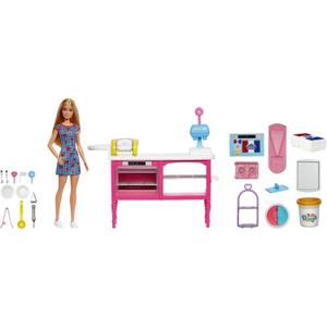 Barbie It Takes Two Baking Set with Malibu Doll and 18 Accessories Including Modelling Dough 3 Colours and Moulds, Children's Toy, from 3 Years, HJY19