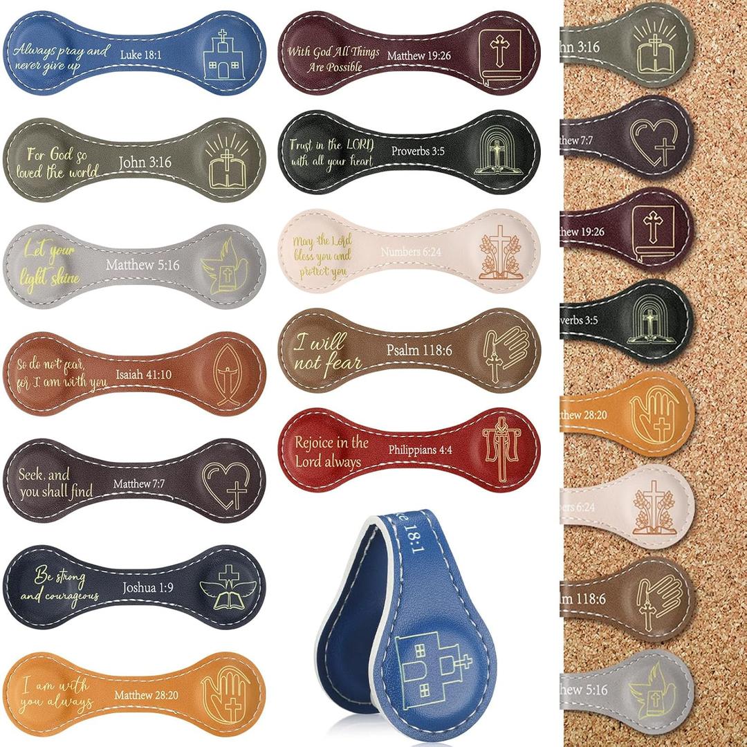 48 Pcs Christian Magnetic Leather Bookmarks Vintage Bible Bookmarks Christian Employee Appreciation Father's Day Gift Religious Scripture Page Clip for Book Lover Teacher Reading Supply