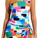 Tempt Me Women One Piece Swim Dress One Shoulder Swimsuit with Skirt Tummy Control Swimdress Bathing Suit (Color Block)