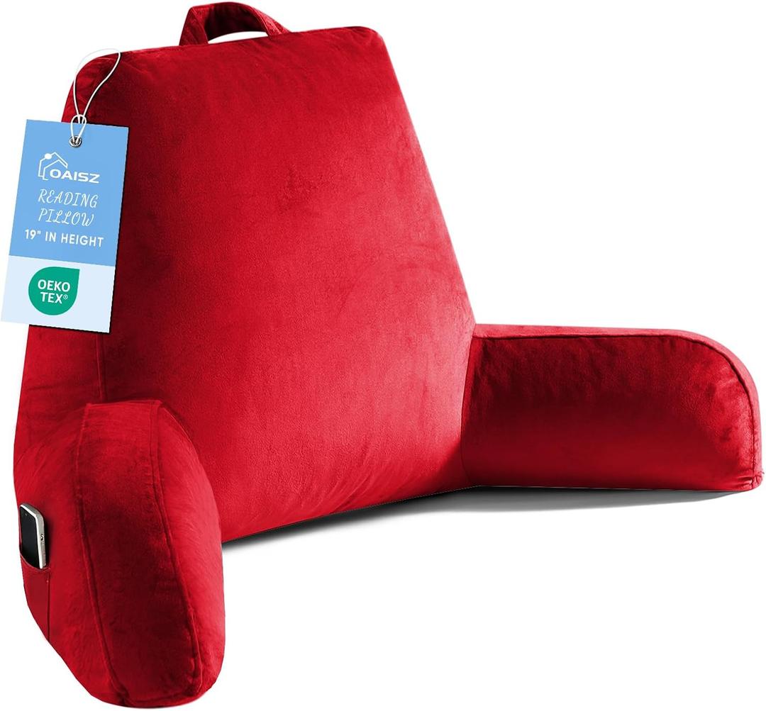 OAISZ Reading Pillow for Sitting in Bed Adult, Reading Pillow with Shredded Memory Foam, Bed Pillow with Washable Cover, Back Pillow Sitting Up with Extend Arms, Red, X-Large