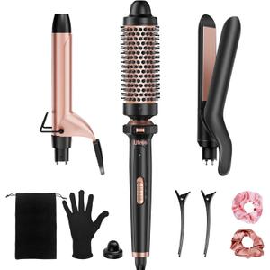 Ufree 3 in 1 Curling Iron, Curling Wand Set with Thermal Brush Flat Iron Hair Straightener, Dual Voltage Wand Curler, Instant Heat Up Hair Curler, Include Protective Glove 2 Clips, Gifts for Women