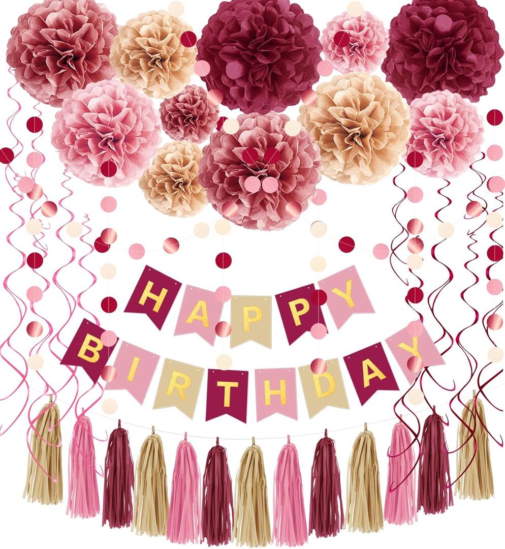 Pink Burgundy Decorations Kit - Tissue Paper Pom Poms, Happy Birthday Banner, Paper Tassel, Circle Garland & Hanging Swirl Party Decoration